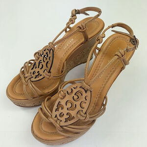 Antonio Melani 6.5 Cork Wedge Sandals Tan Brown Wooden Cut-Out Strappy Heels